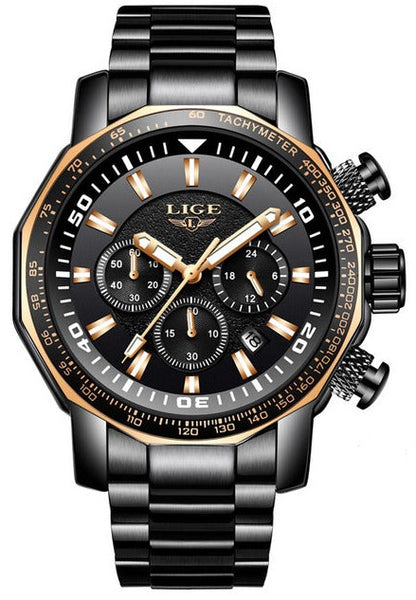 lige luxury men's watches quartz black gold